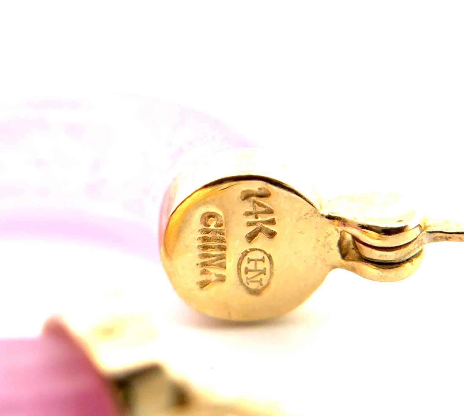 14k Yellow Gold Small Pink Jade Hoop Earrings 6.4g - Image 7