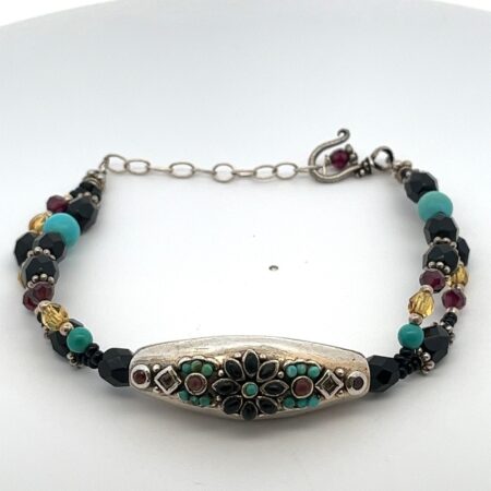 Barse 925 Sterling Silver Turquoise,Onyx,Garnet & Quartz Beads 9” Bracelet 21.9G