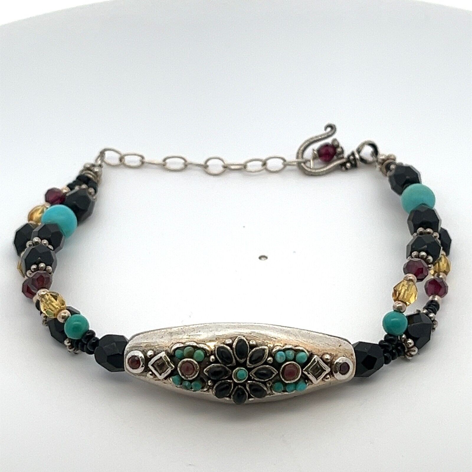 Barse 925 Sterling Silver Turquoise,Onyx,Garnet & Quartz Beads 9” Bracelet 21.9G
