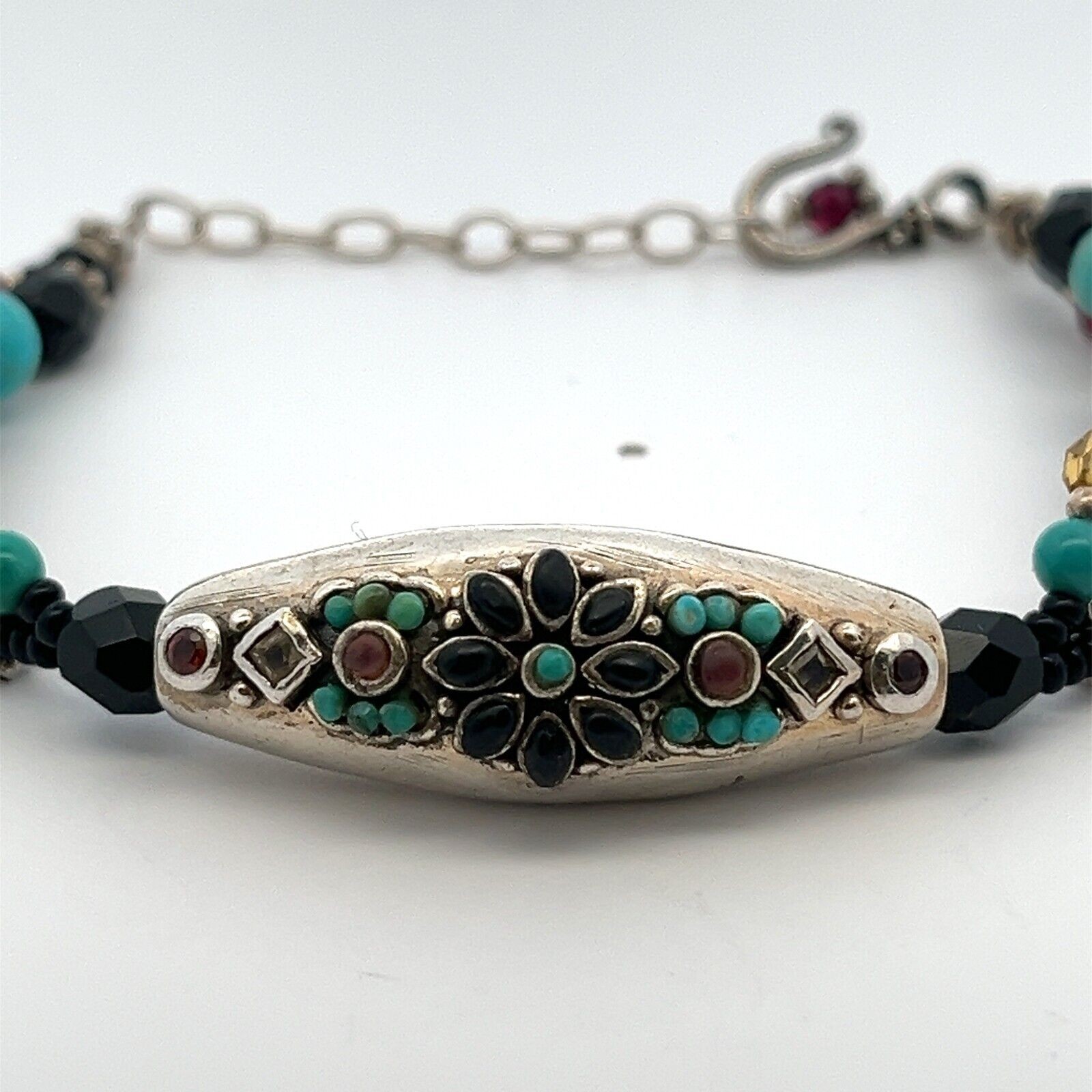 Barse 925 Sterling Silver Turquoise,Onyx,Garnet & Quartz Beads 9” Bracelet 21.9G - Image 2