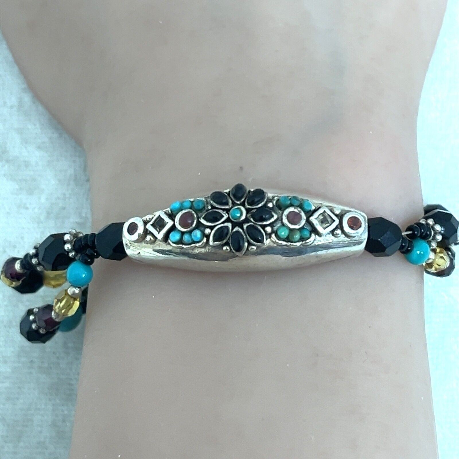 Barse 925 Sterling Silver Turquoise,Onyx,Garnet & Quartz Beads 9” Bracelet 21.9G - Image 5