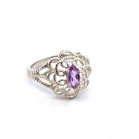 .925 Sterling Silver Amethyst Filigree Ring, Size-8, 3.4g