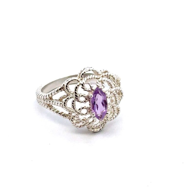 .925 Sterling Silver Amethyst Filigree Ring, Size-8, 3.4g