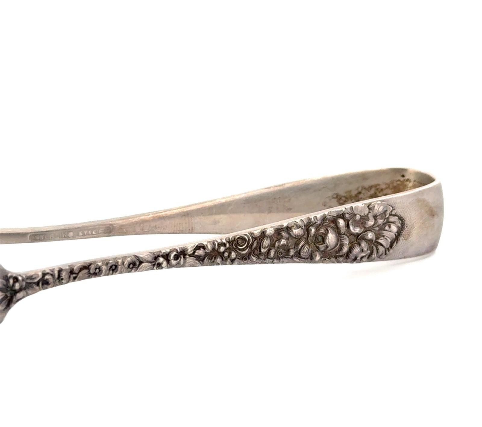 4.5” Stieff Rose 925 Sterling Silver Repousse Small Sugar Tongs 34.7g - Image 3