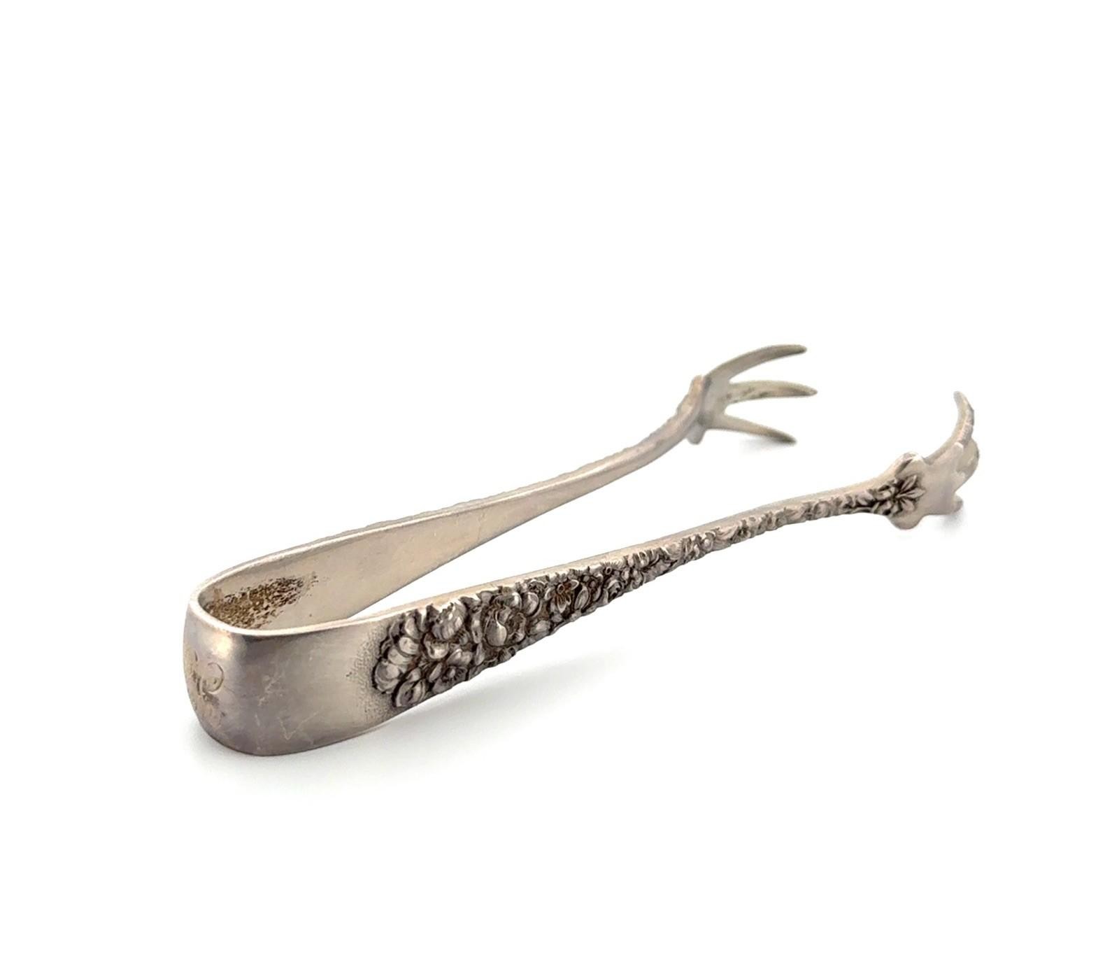4.5” Stieff Rose 925 Sterling Silver Repousse Small Sugar Tongs 34.7g - Image 7