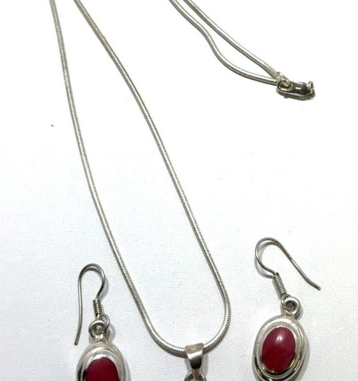 Sterling Silver, Red Coral Earrings w/ 20 inch Necklace Set - 29.1 grams