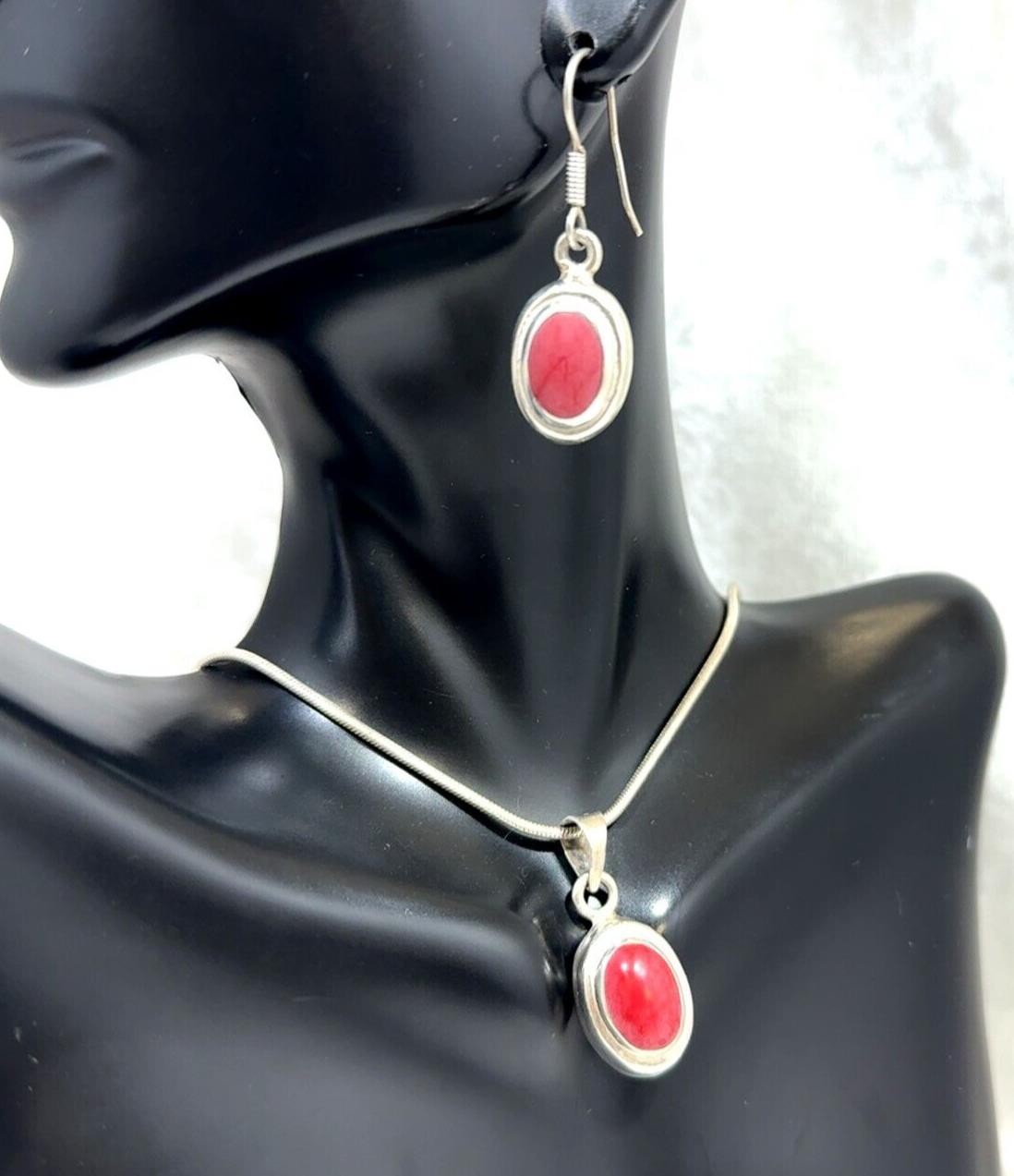 Sterling Silver, Red Coral Earrings w/ 20 inch Necklace Set - 29.1 grams - Image 2