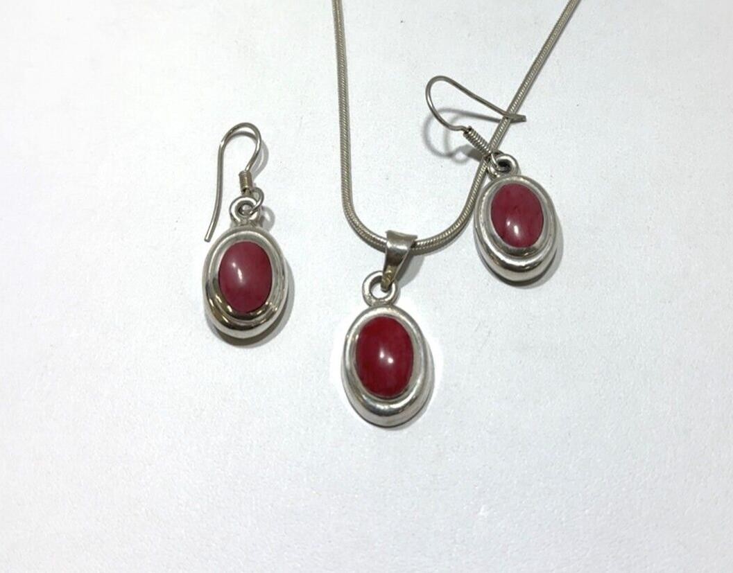 Sterling Silver, Red Coral Earrings w/ 20 inch Necklace Set - 29.1 grams - Image 4