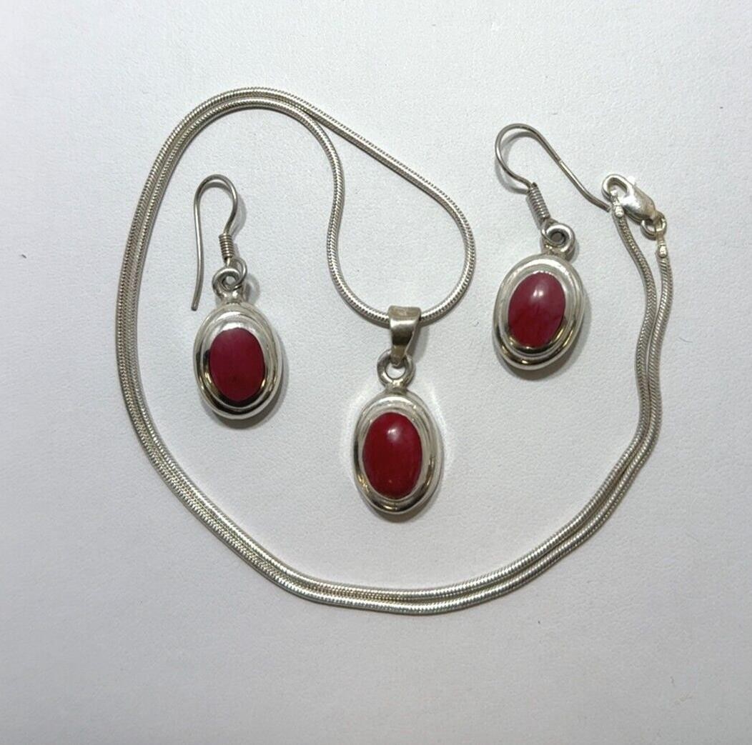 Sterling Silver, Red Coral Earrings w/ 20 inch Necklace Set - 29.1 grams - Image 6