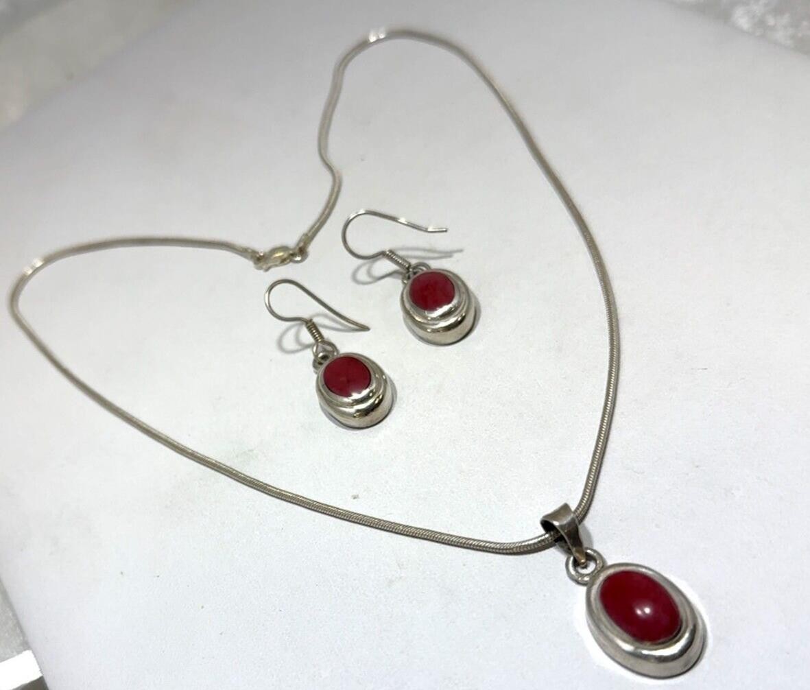 Sterling Silver, Red Coral Earrings w/ 20 inch Necklace Set - 29.1 grams - Image 7