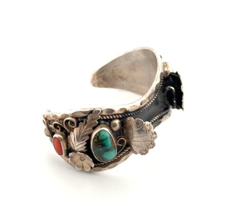 6” Vintage 925 Sterling Silver Navajo Turquoise & Coral Watch Cuff Bracelet 40g