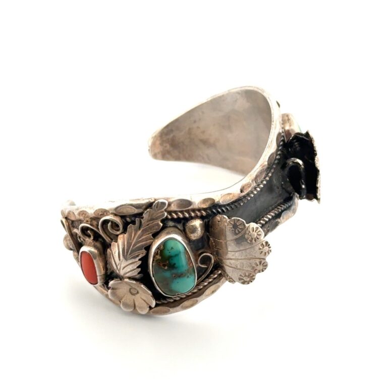 6” Vintage 925 Sterling Silver Navajo Turquoise & Coral Watch Cuff Bracelet 40g