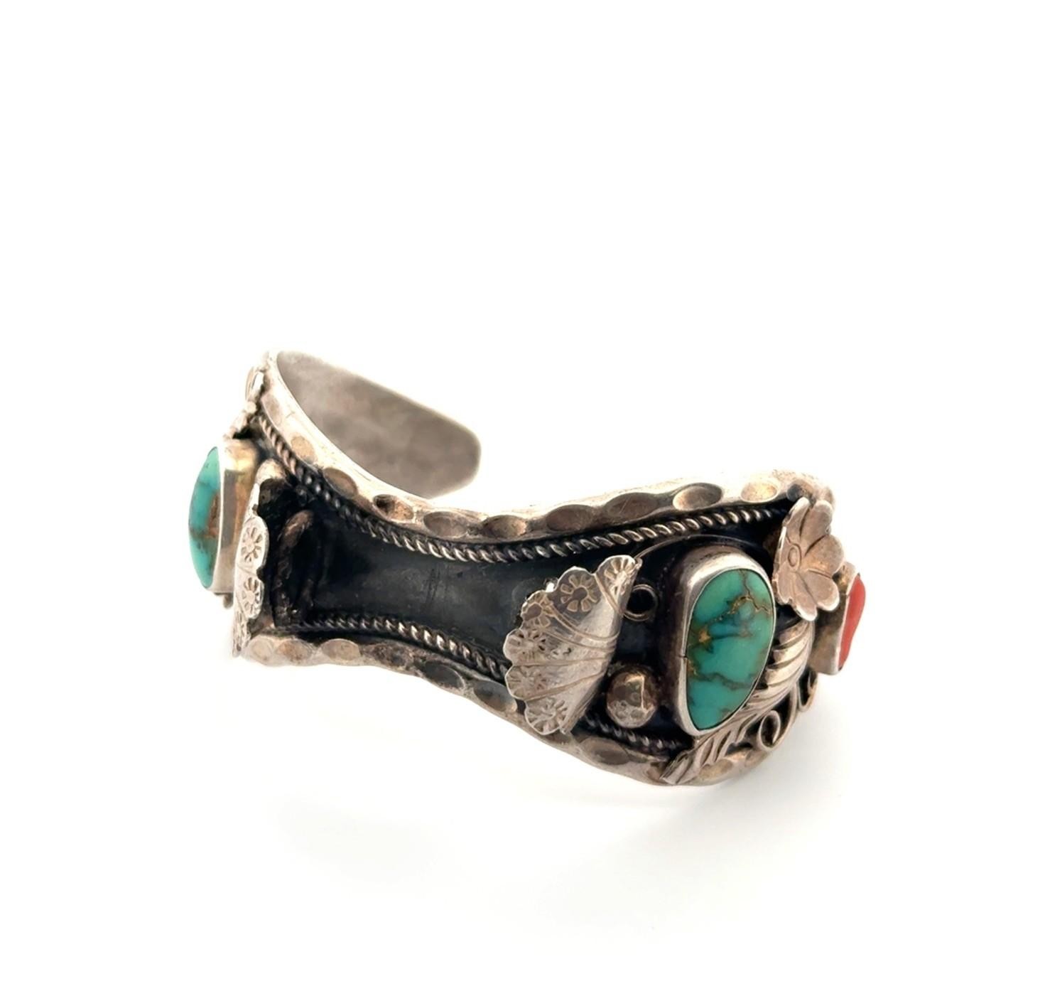 6” Vintage 925 Sterling Silver Navajo Turquoise & Coral Watch Cuff Bracelet 40g - Image 2