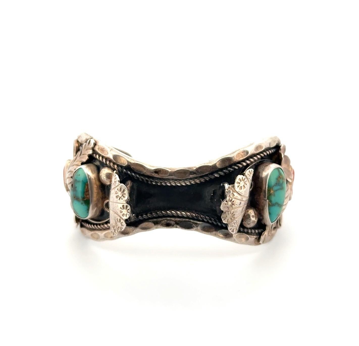 6” Vintage 925 Sterling Silver Navajo Turquoise & Coral Watch Cuff Bracelet 40g - Image 3