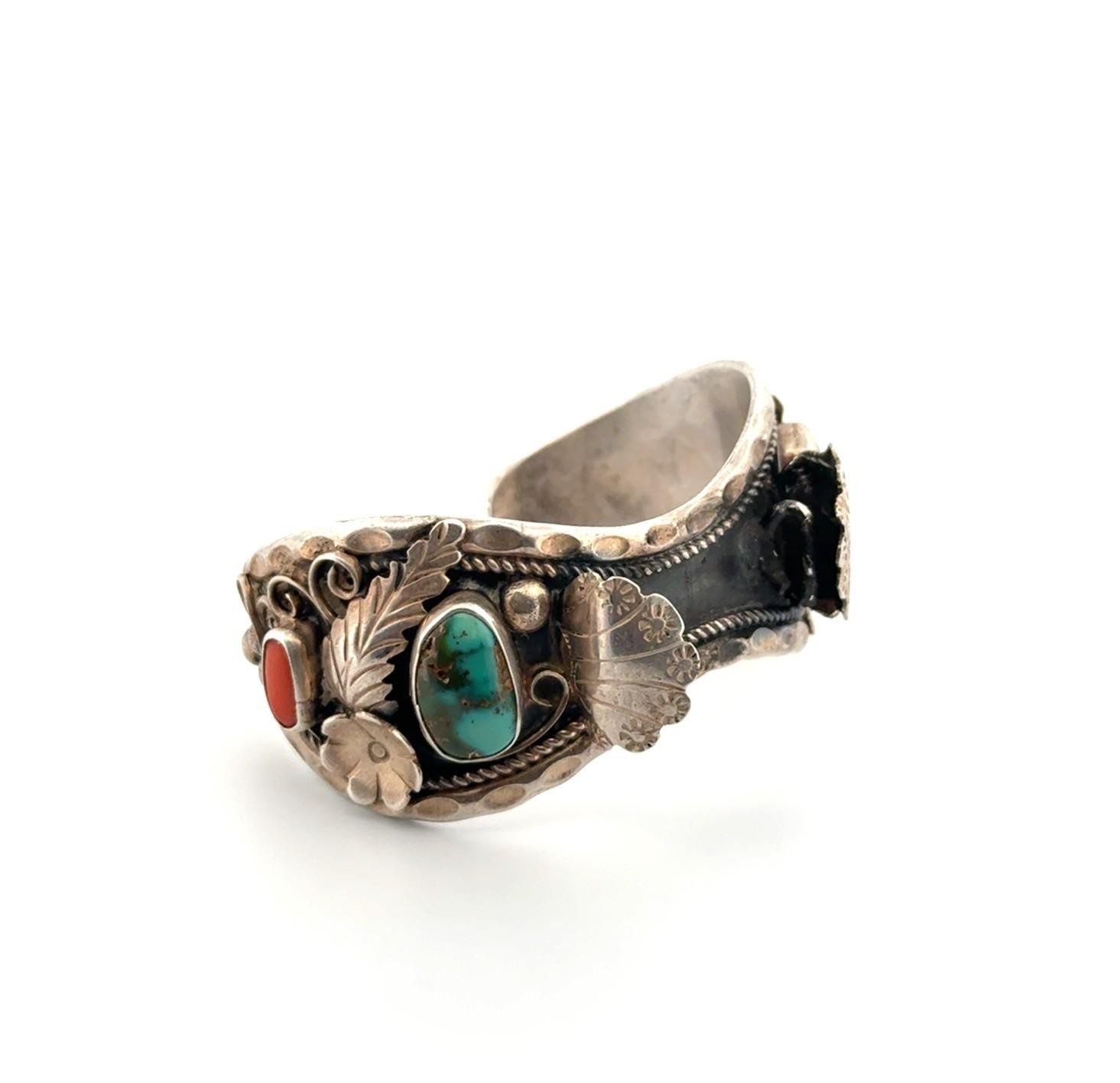 6” Vintage 925 Sterling Silver Navajo Turquoise & Coral Watch Cuff Bracelet 40g - Image 4
