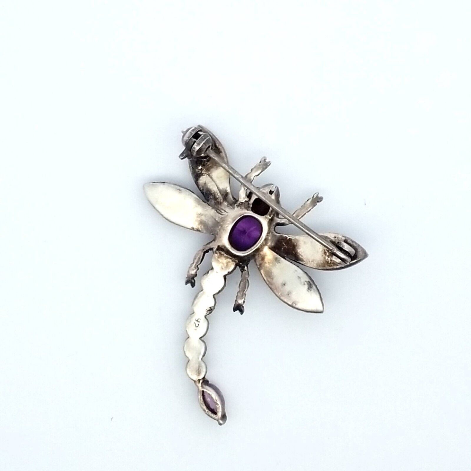 Vintage Sterling Silver Marcasite, Amethyst Dragonfly Brooch/Pin 7.6 Grams - Image 2
