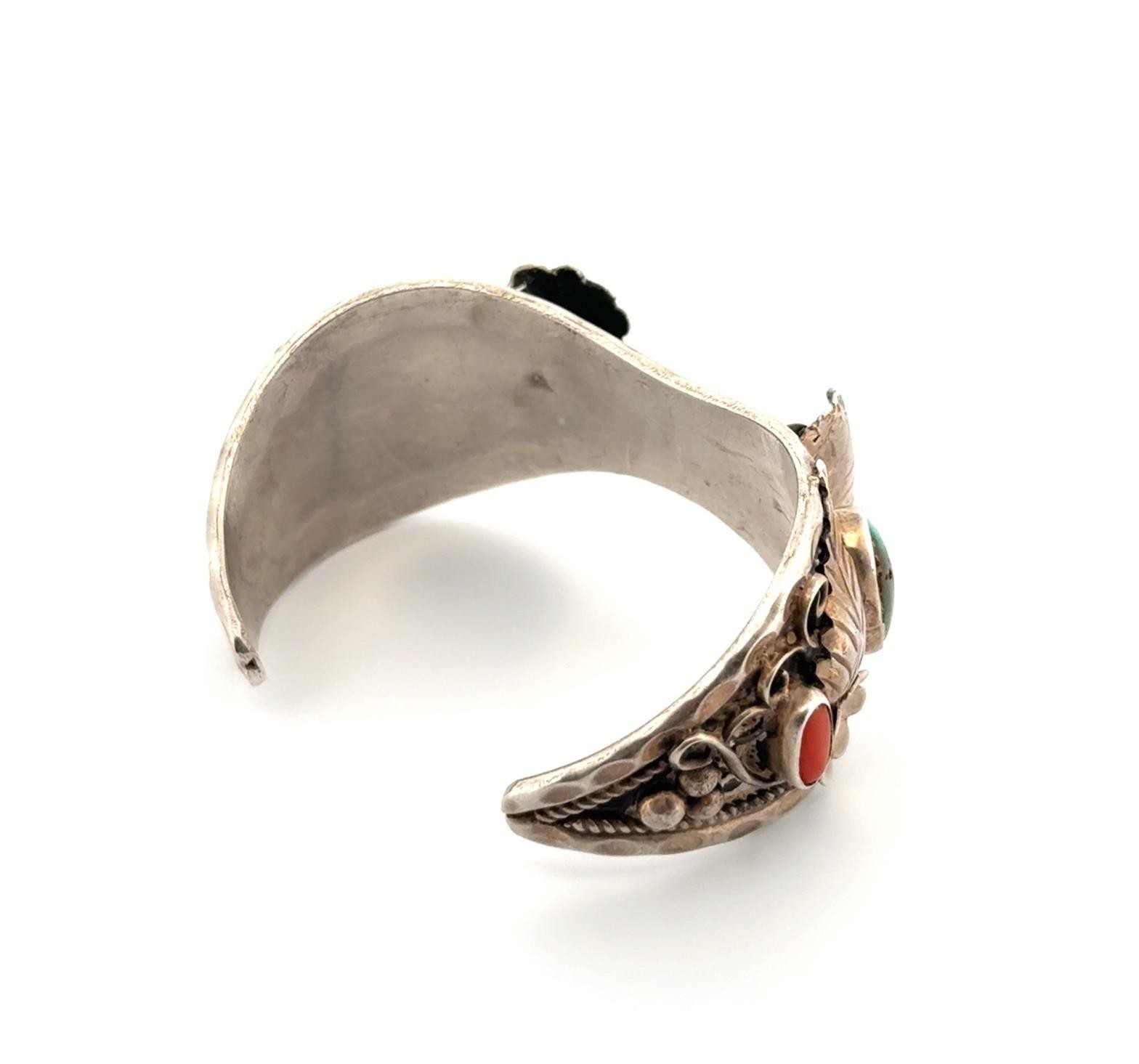 6” Vintage 925 Sterling Silver Navajo Turquoise & Coral Watch Cuff Bracelet 40g - Image 5