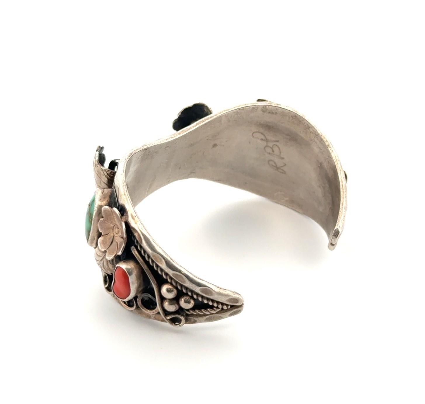 6” Vintage 925 Sterling Silver Navajo Turquoise & Coral Watch Cuff Bracelet 40g - Image 6