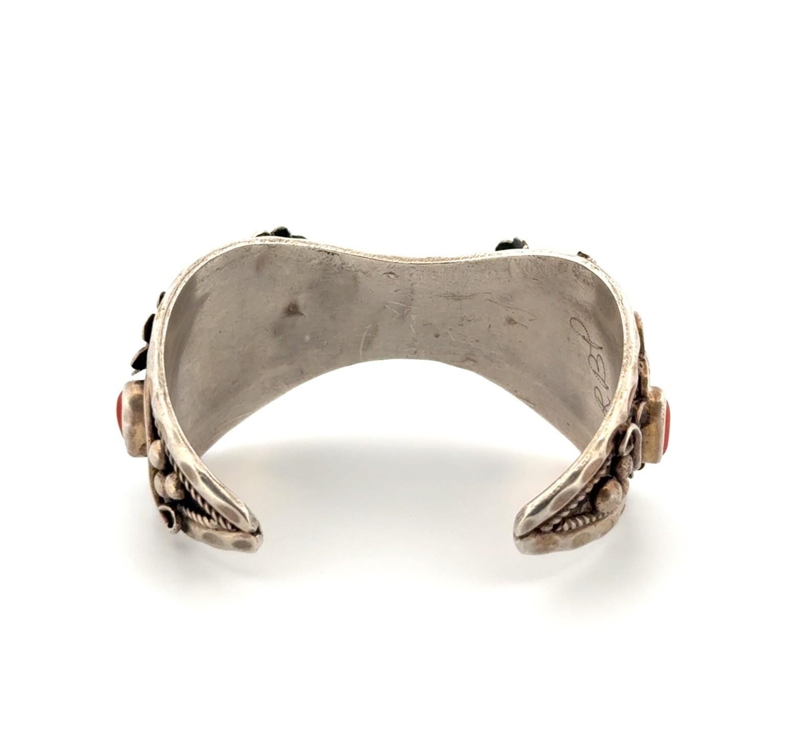 6” Vintage 925 Sterling Silver Navajo Turquoise & Coral Watch Cuff Bracelet 40g - Image 7