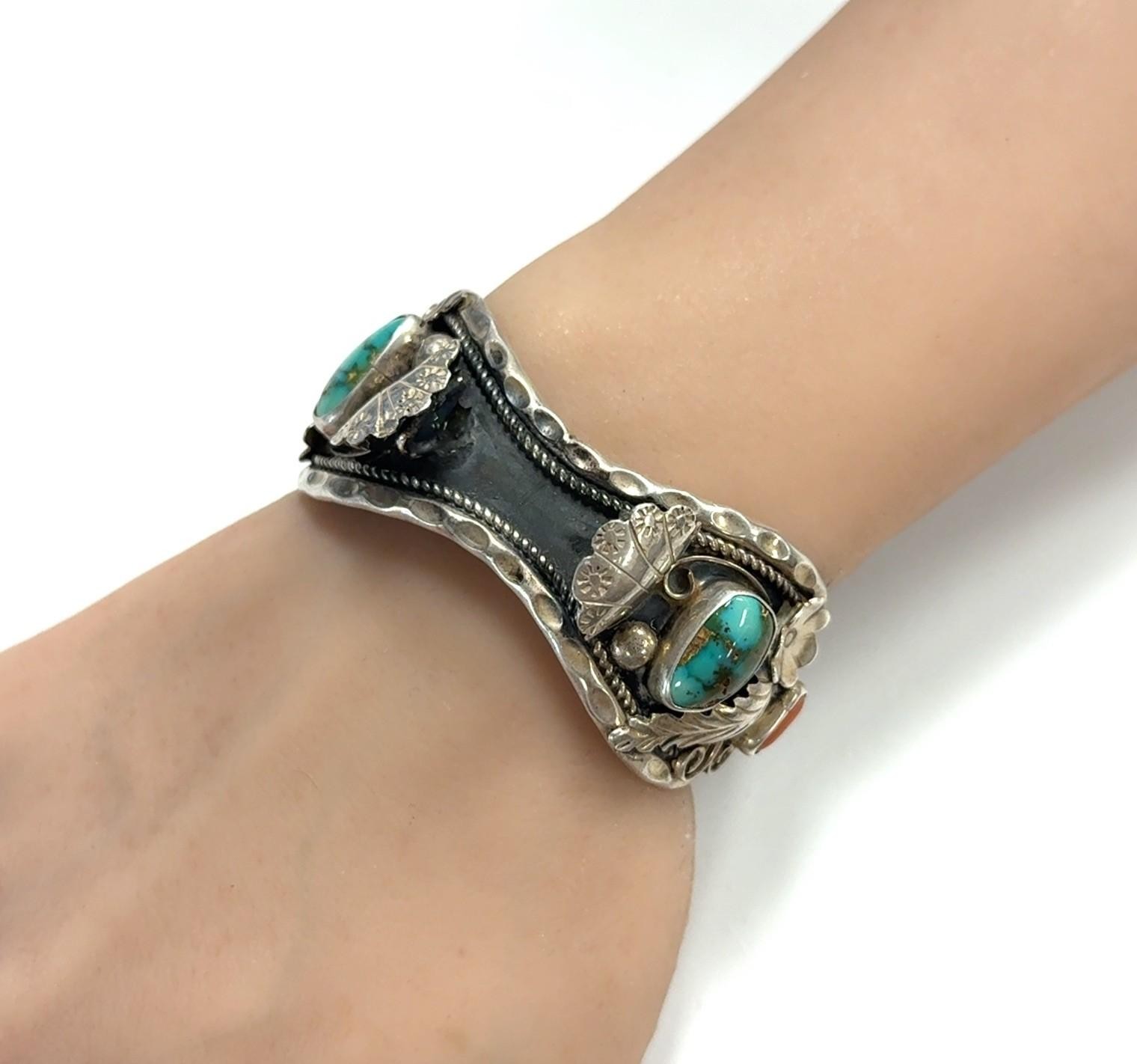 6” Vintage 925 Sterling Silver Navajo Turquoise & Coral Watch Cuff Bracelet 40g - Image 9