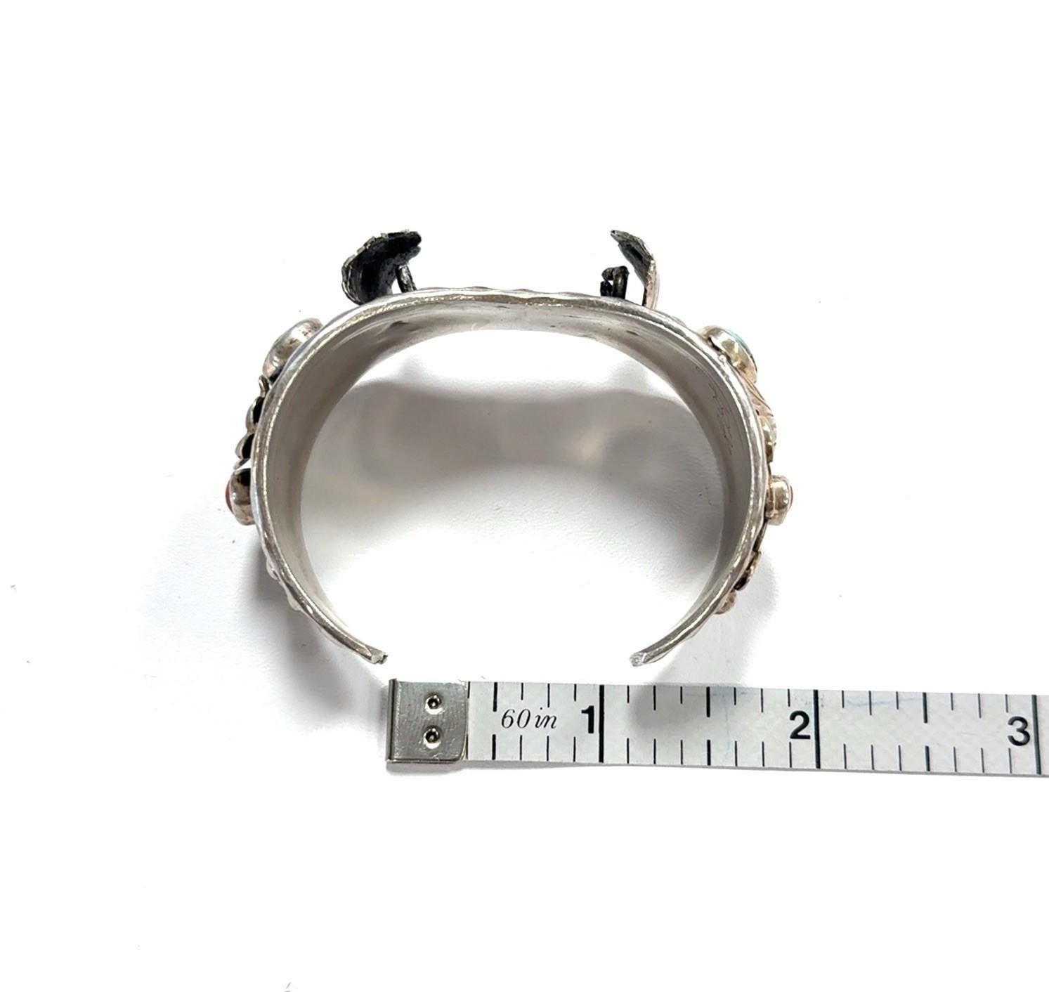 6” Vintage 925 Sterling Silver Navajo Turquoise & Coral Watch Cuff Bracelet 40g - Image 11