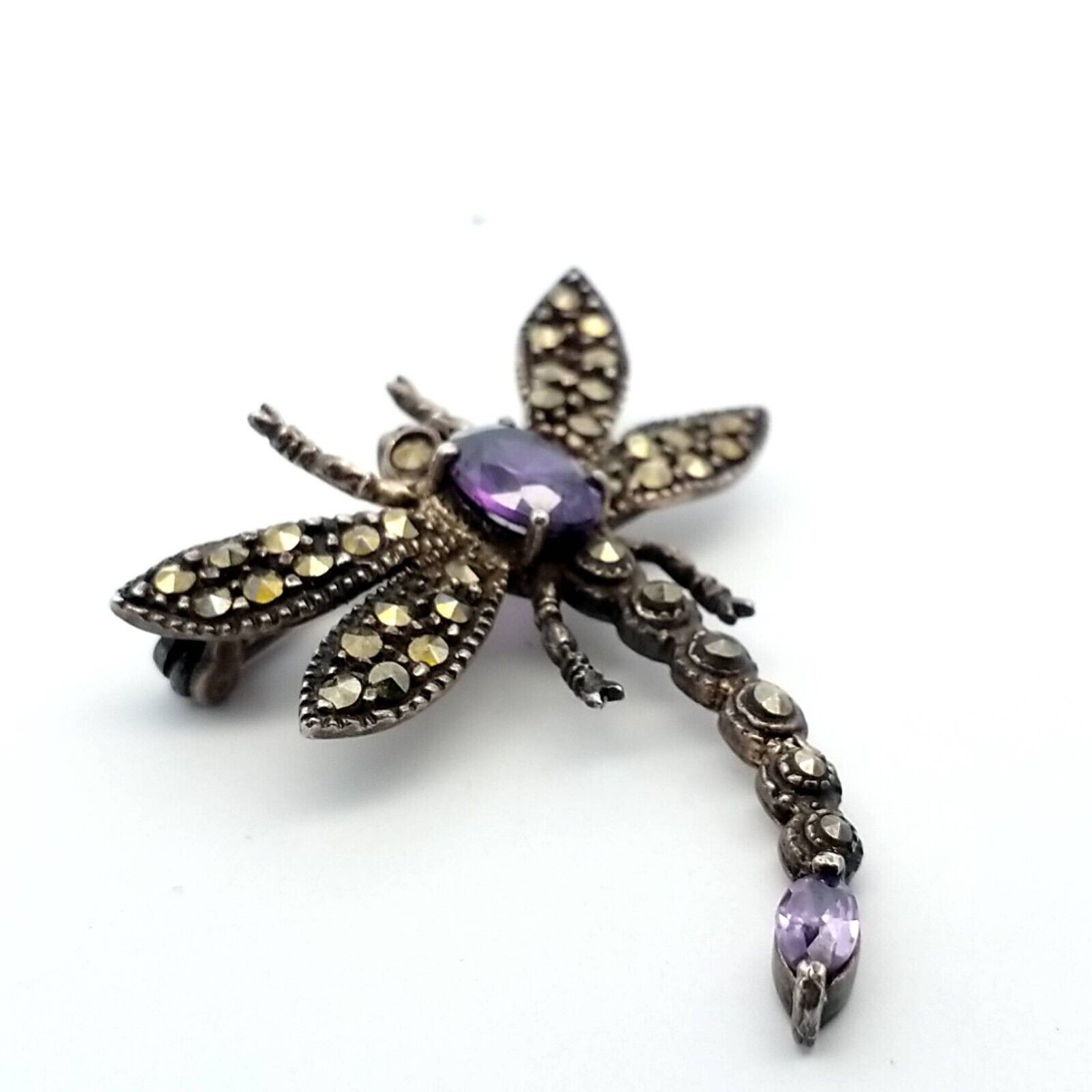 Vintage Sterling Silver Marcasite, Amethyst Dragonfly Brooch/Pin 7.6 Grams - Image 3