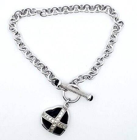 925 Sterling Silver Onyx Heart With CZ Accent 8" Bracelet Toggle Clasp 15.4 Gram