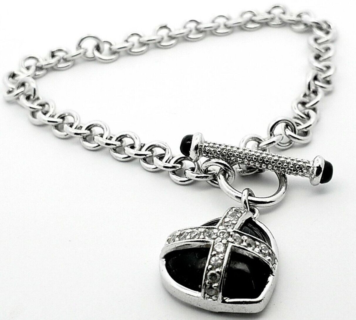 925 Sterling Silver Onyx Heart With CZ Accent 8" Bracelet Toggle Clasp 15.4 Gram - Image 4