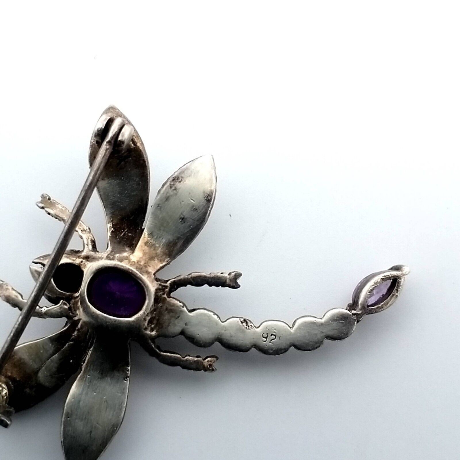 Vintage Sterling Silver Marcasite, Amethyst Dragonfly Brooch/Pin 7.6 Grams - Image 4