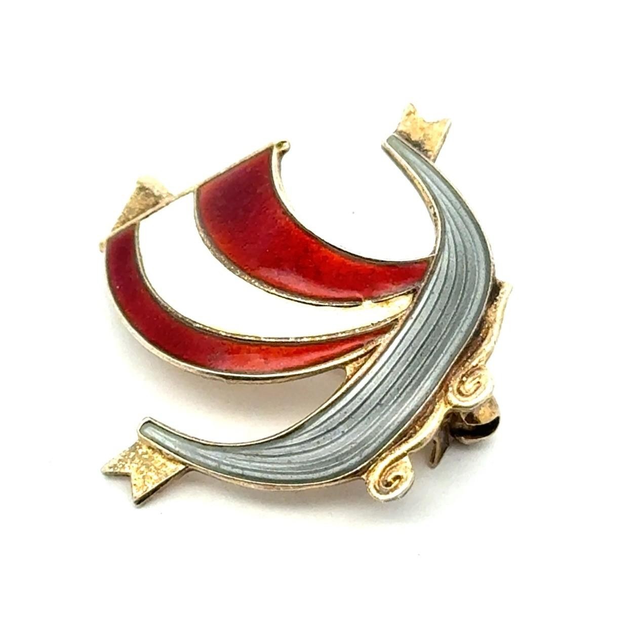 1950s Aksel Holmsen 925 Sterling Silver & Enamel Viking Longboat Brooch/Pin 4.6g - Image 4
