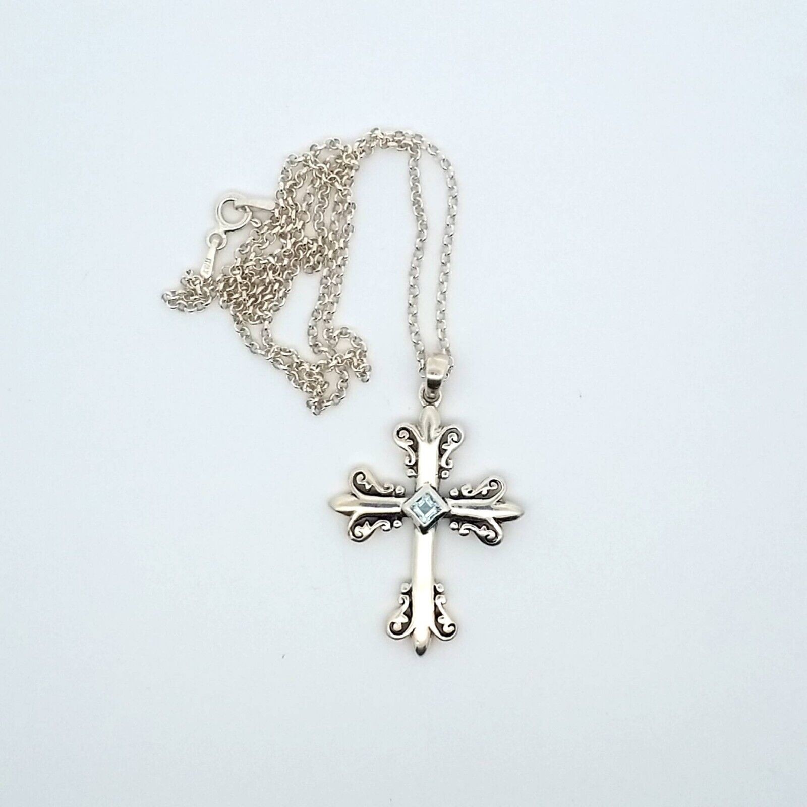 Sterling Silver & Blue Topaz Cross Pendant on 18" Sterling Chain 6.9 Grams - Image 3