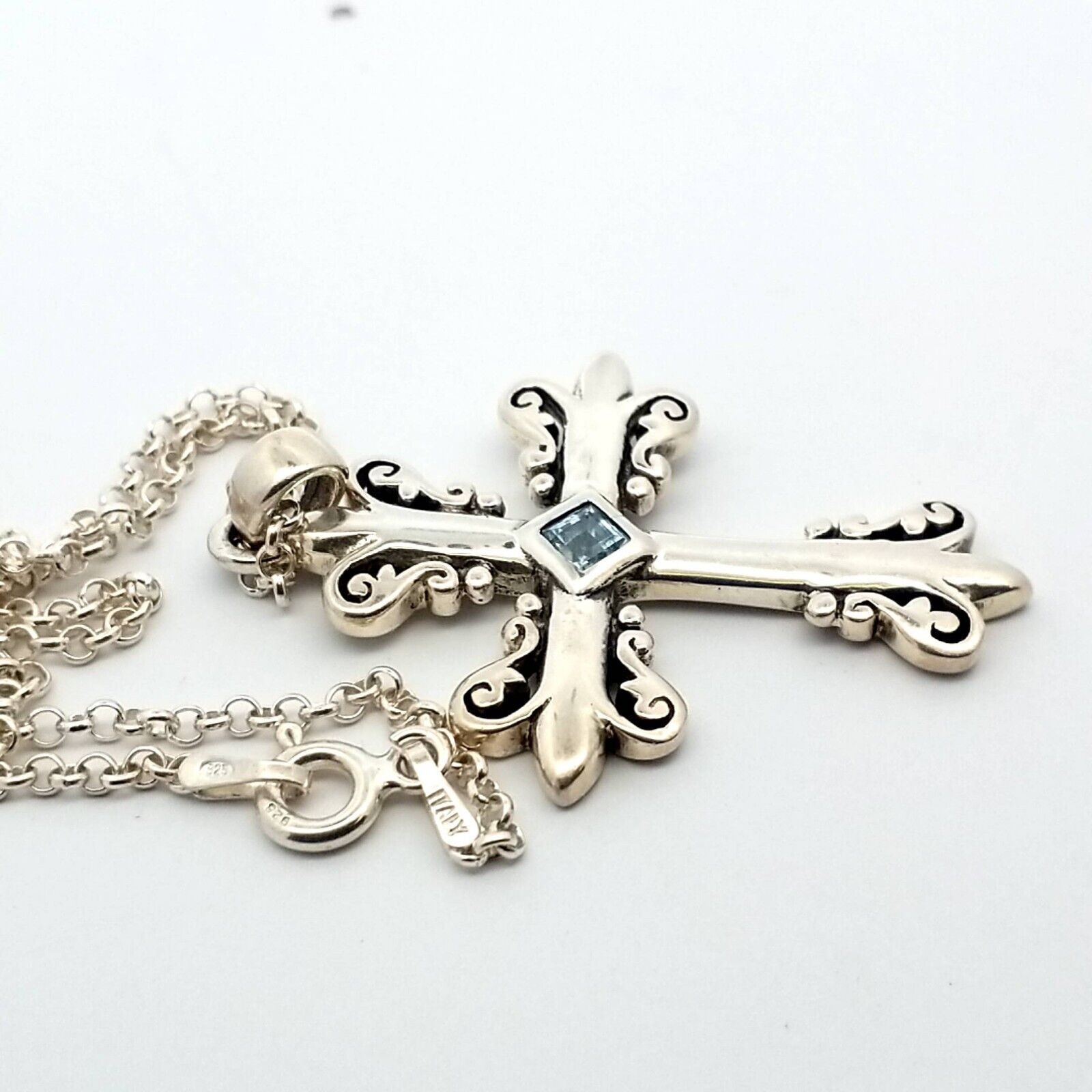 Sterling Silver & Blue Topaz Cross Pendant on 18" Sterling Chain 6.9 Grams - Image 4