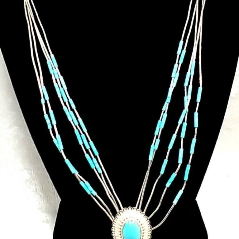 Sterling Liquid Silver With Center Oval Turquoise Pendant Necklace 18.6 Grams