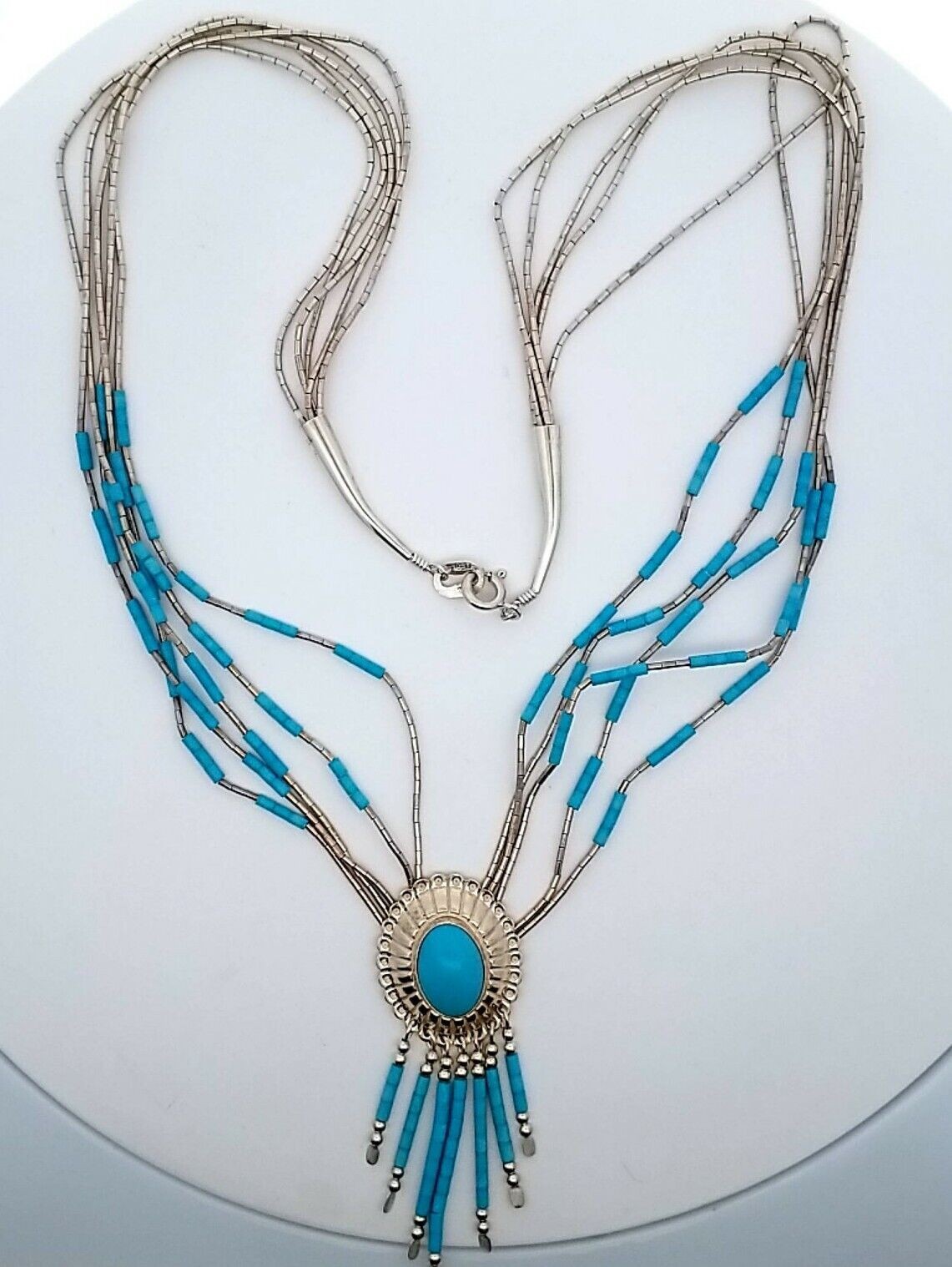 Sterling Liquid Silver With Center Oval Turquoise Pendant Necklace 18.6 Grams - Image 2