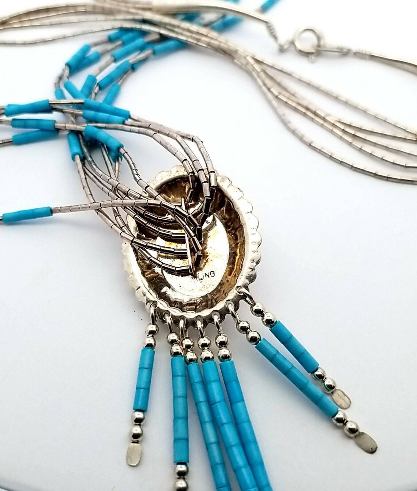 Sterling Liquid Silver With Center Oval Turquoise Pendant Necklace 18.6 Grams - Image 5