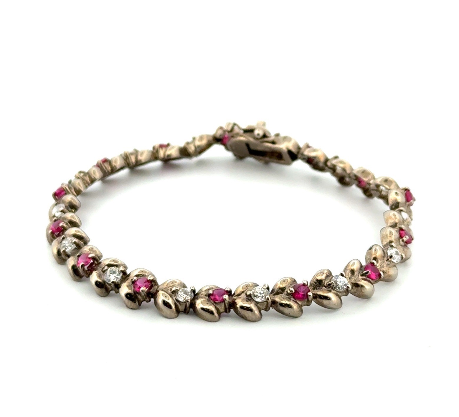 7” x 6.5mm Lab Ruby & CZ 925 Sterling Silver Flower Link Tennis Bracelet 11.3g
