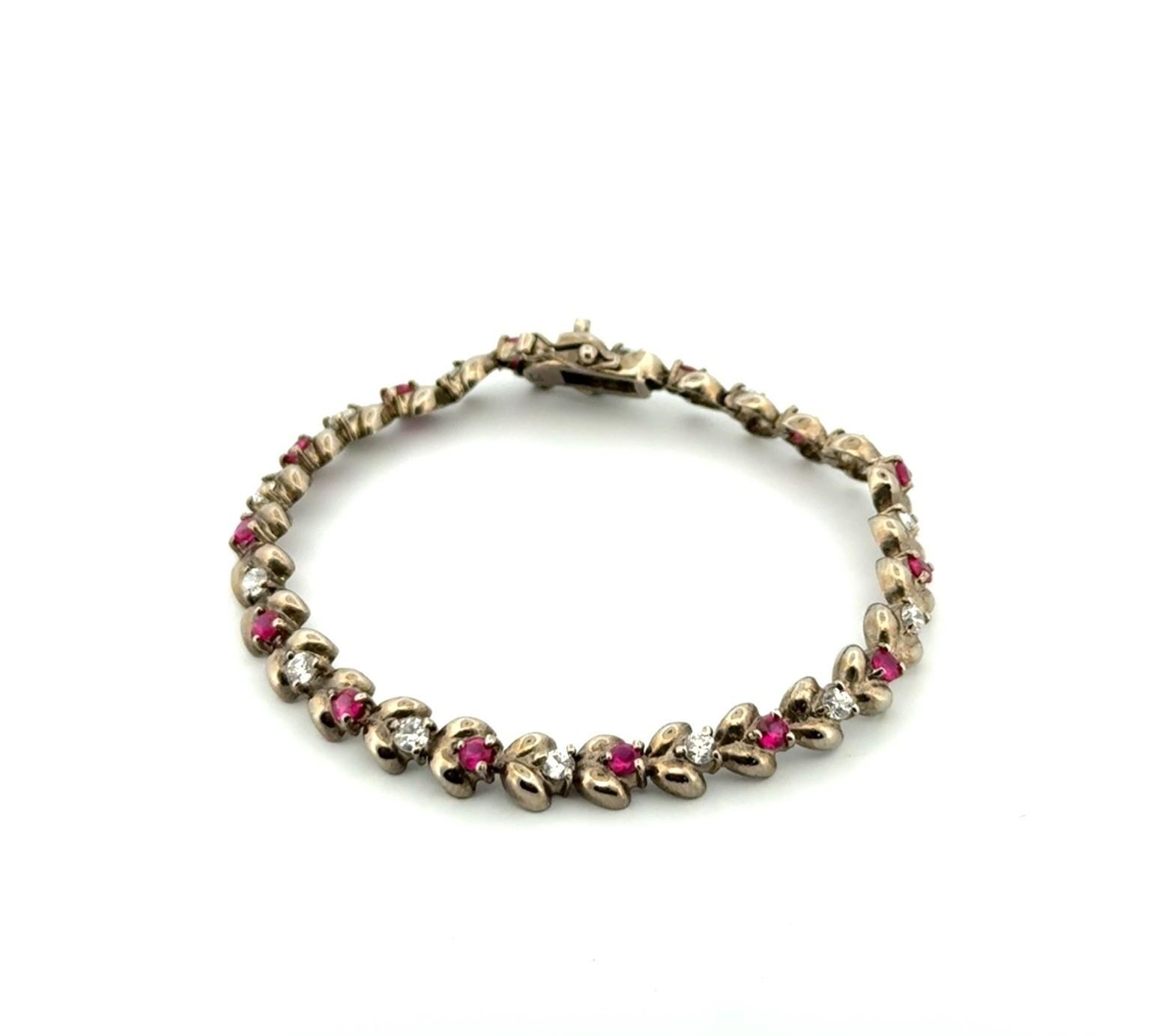 7” x 6.5mm Lab Ruby & CZ 925 Sterling Silver Flower Link Tennis Bracelet 11.3g - Image 2