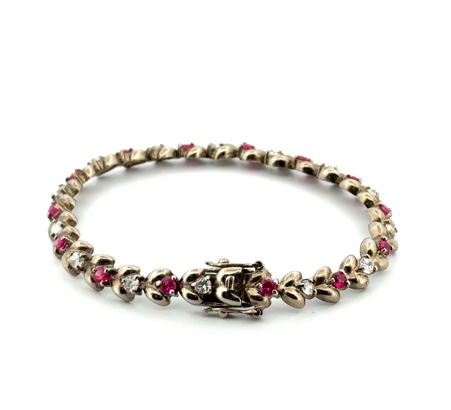 7” x 6.5mm Lab Ruby & CZ 925 Sterling Silver Flower Link Tennis Bracelet 11.3g - Image 3