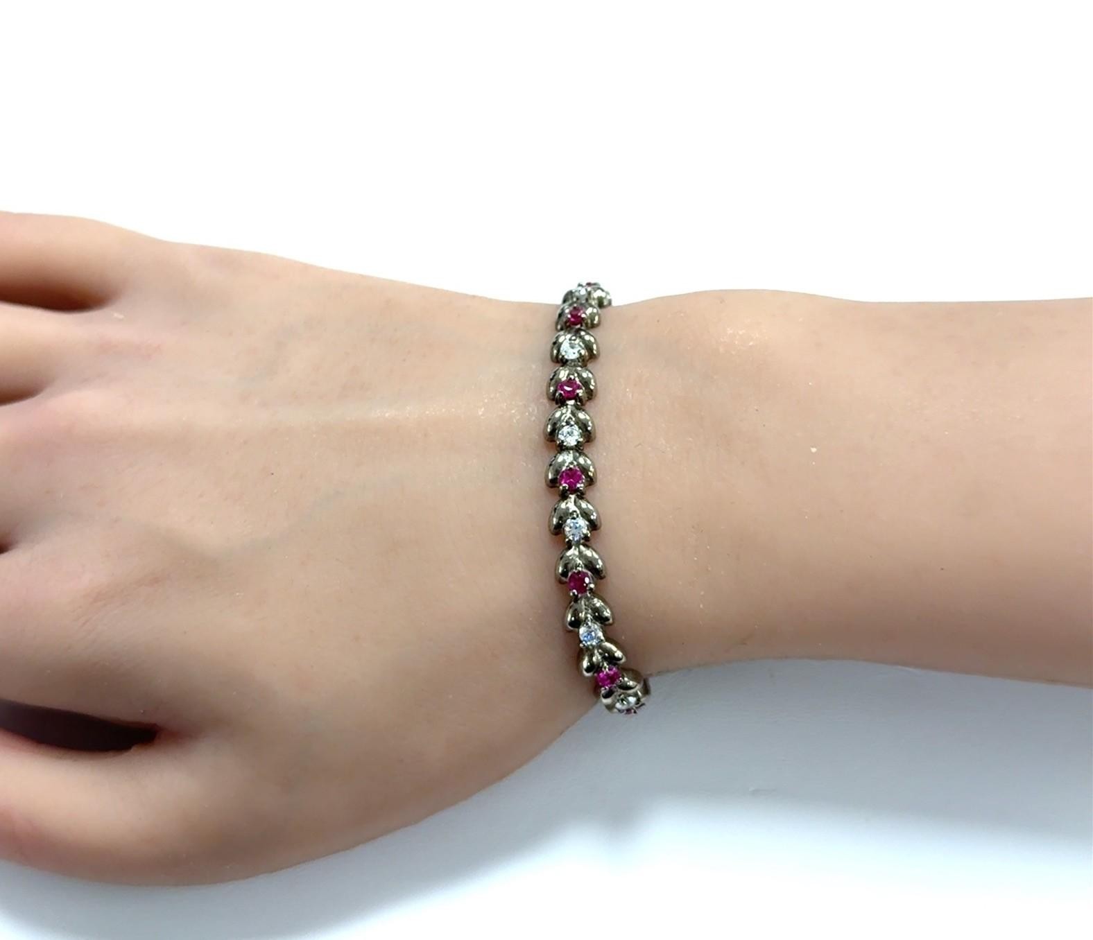 7” x 6.5mm Lab Ruby & CZ 925 Sterling Silver Flower Link Tennis Bracelet 11.3g - Image 7
