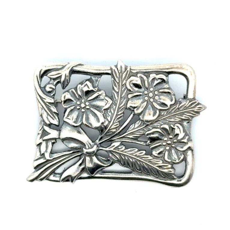 .925 Sterling Silver Rectangular Floral Brooch, 10.0g