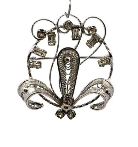 Vintage ESPO .925 Sterling Silver, Filigree Rhinestone Brooch/Pin - 7.2g