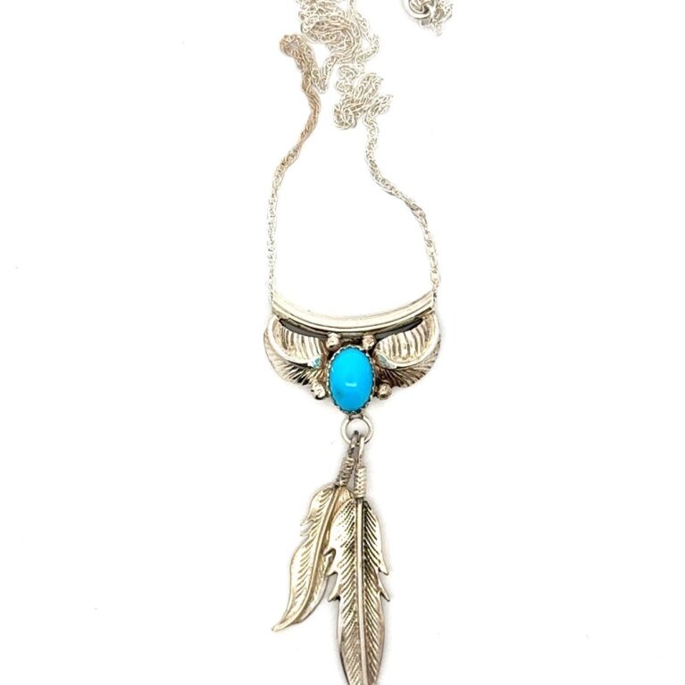 18” Navajo .925 Sterling Silver Turquoise Feather Necklace, Eddie Secatero, 7.5g
