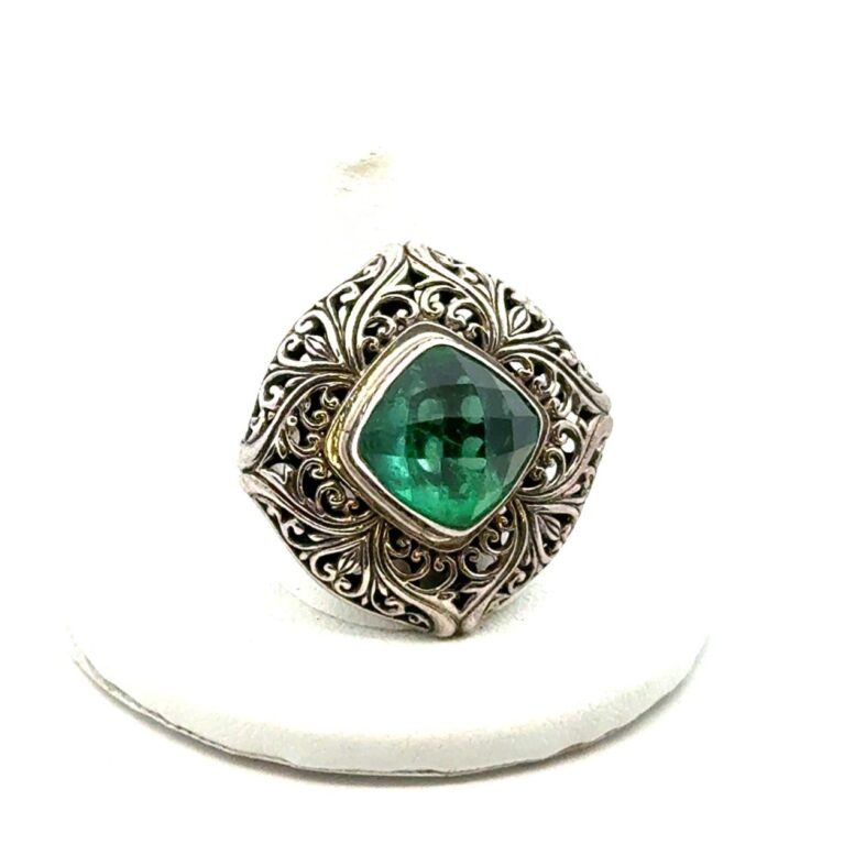 .925 Sterling Silver Filigree Faceted Lab Emeral Stone Ring, Size - 10, 11.6g