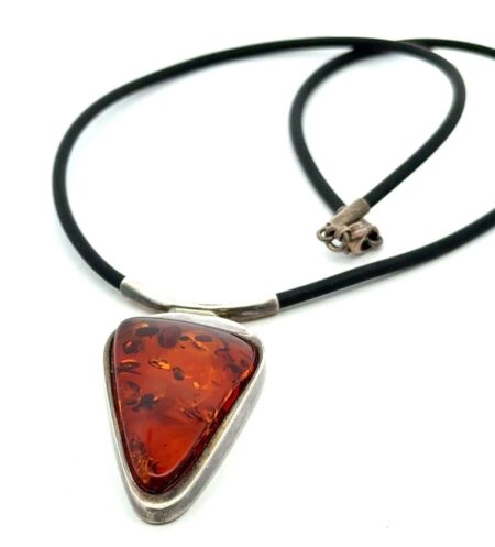 16” .925 Sterling Silver Large Amber Pendant on Rubber Necklace, 17.1g