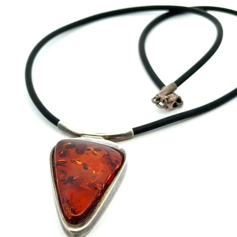 16” .925 Sterling Silver Large Amber Pendant on Rubber Necklace, 17.1g