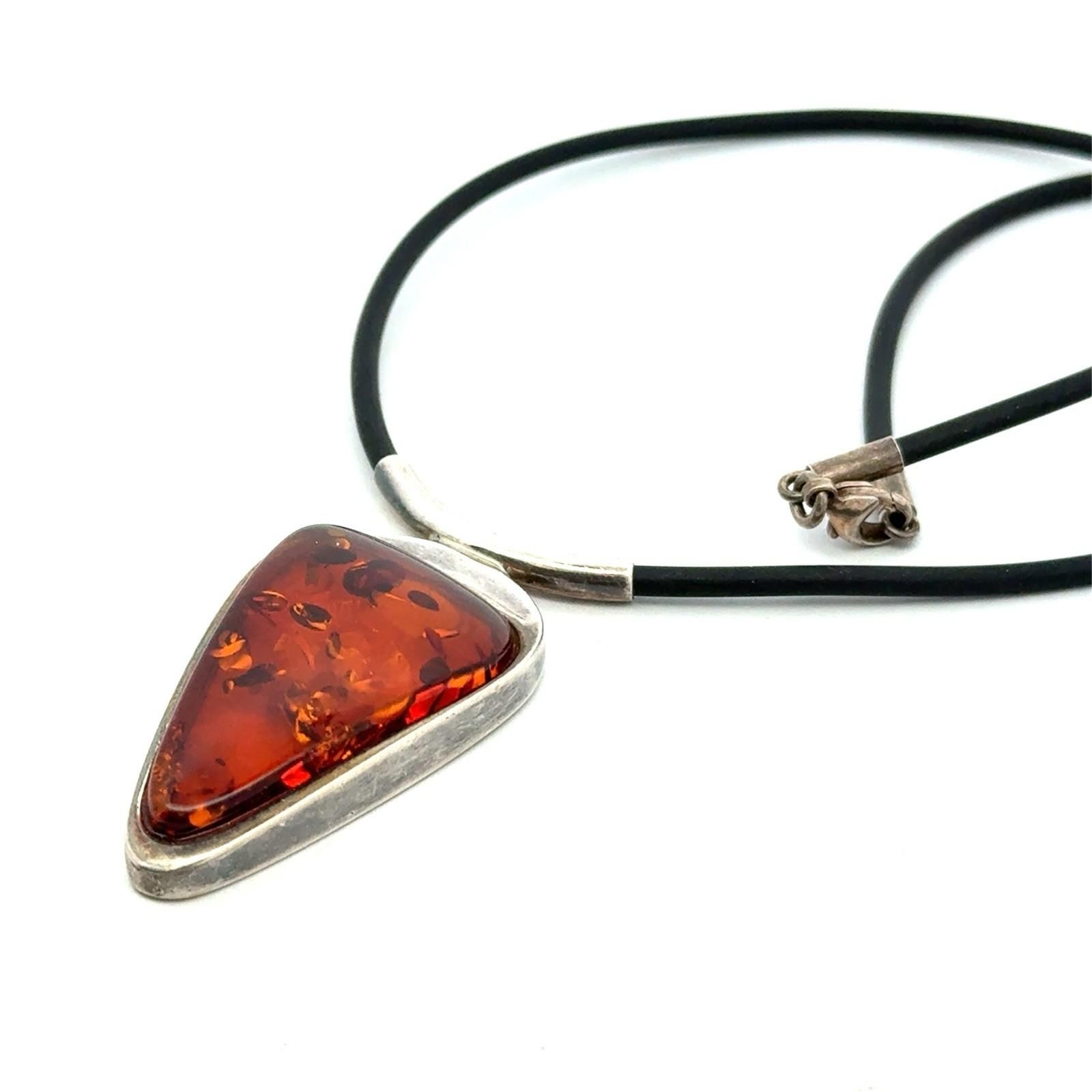 16” .925 Sterling Silver Large Amber Pendant on Rubber Necklace, 17.1g - Image 2