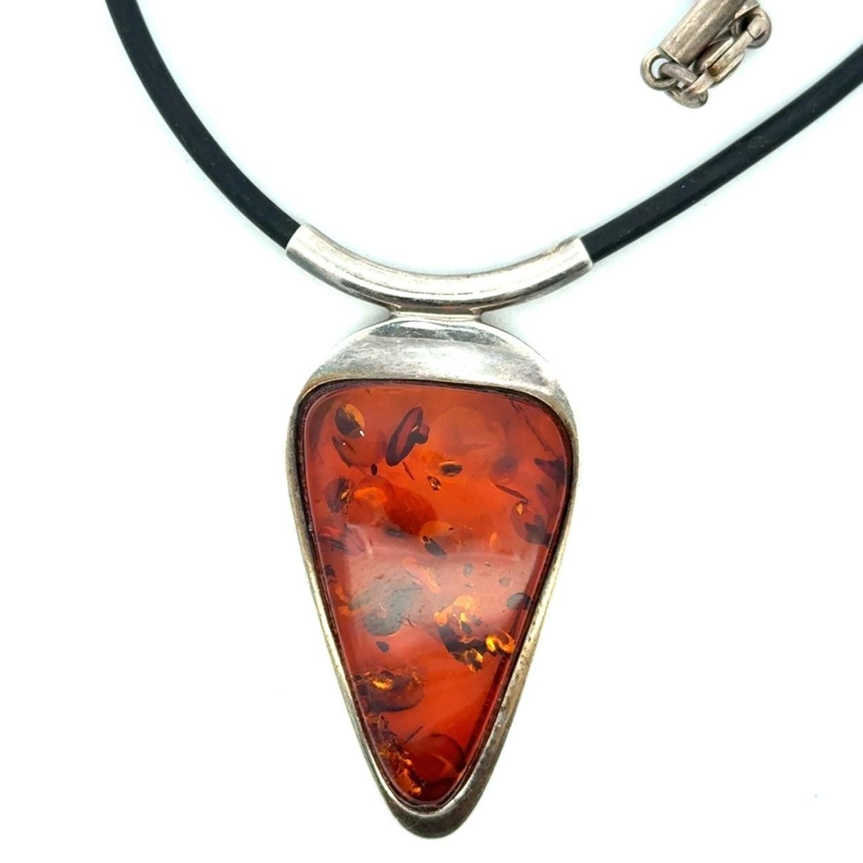 16” .925 Sterling Silver Large Amber Pendant on Rubber Necklace, 17.1g - Image 3