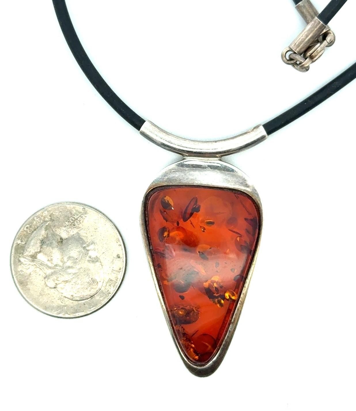 16” .925 Sterling Silver Large Amber Pendant on Rubber Necklace, 17.1g - Image 4