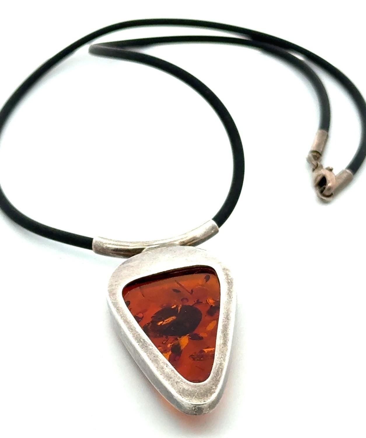 16” .925 Sterling Silver Large Amber Pendant on Rubber Necklace, 17.1g - Image 5