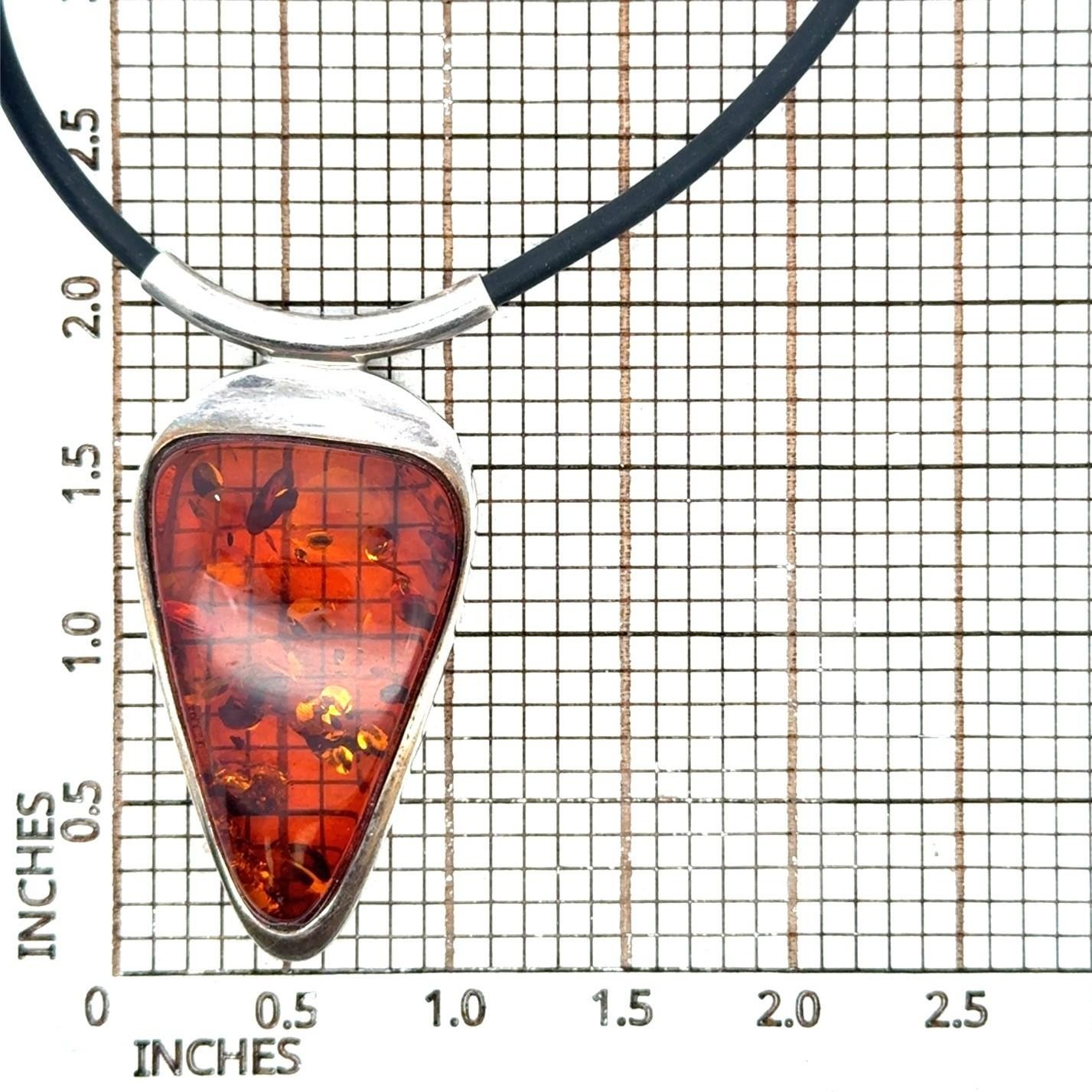 16” .925 Sterling Silver Large Amber Pendant on Rubber Necklace, 17.1g - Image 7